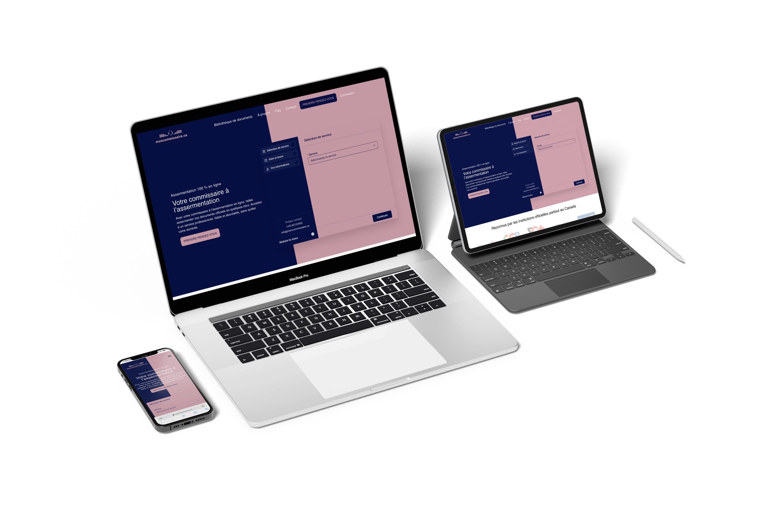 Mon Commissaire Legal Website: Laptop with website open, online appointment booking + secure upload, UX/UI design and SEO optimization