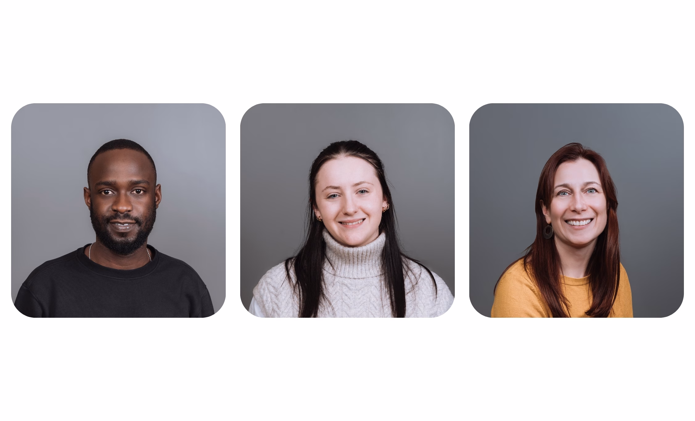 Photographie corporative PITREM — trois portraits sur fond gris, portraits d’équipe professionnels, direction artistique K&D, prêts pour site web ou bilans.